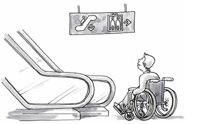 trouver l'ascenseur une personne en fauteuil roulant au pied de l'escalator